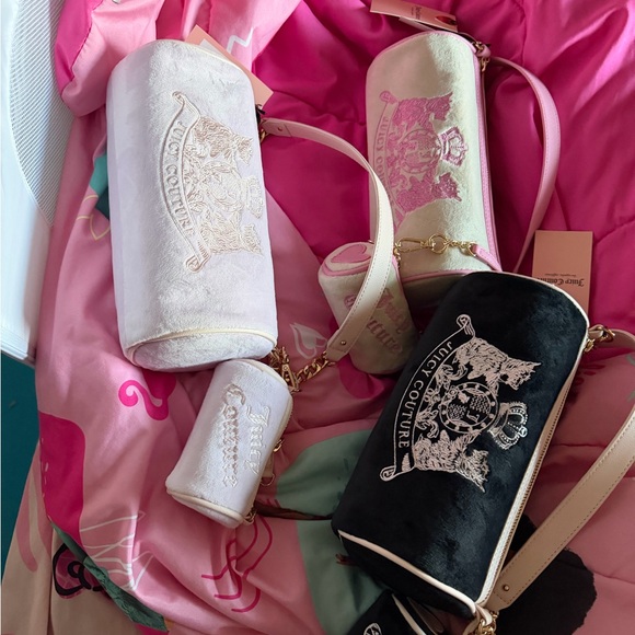Juicy Couture Handbags - Juicy Couture Pink, Cream and Black Velvet Barrel Crossbody Bag Trio